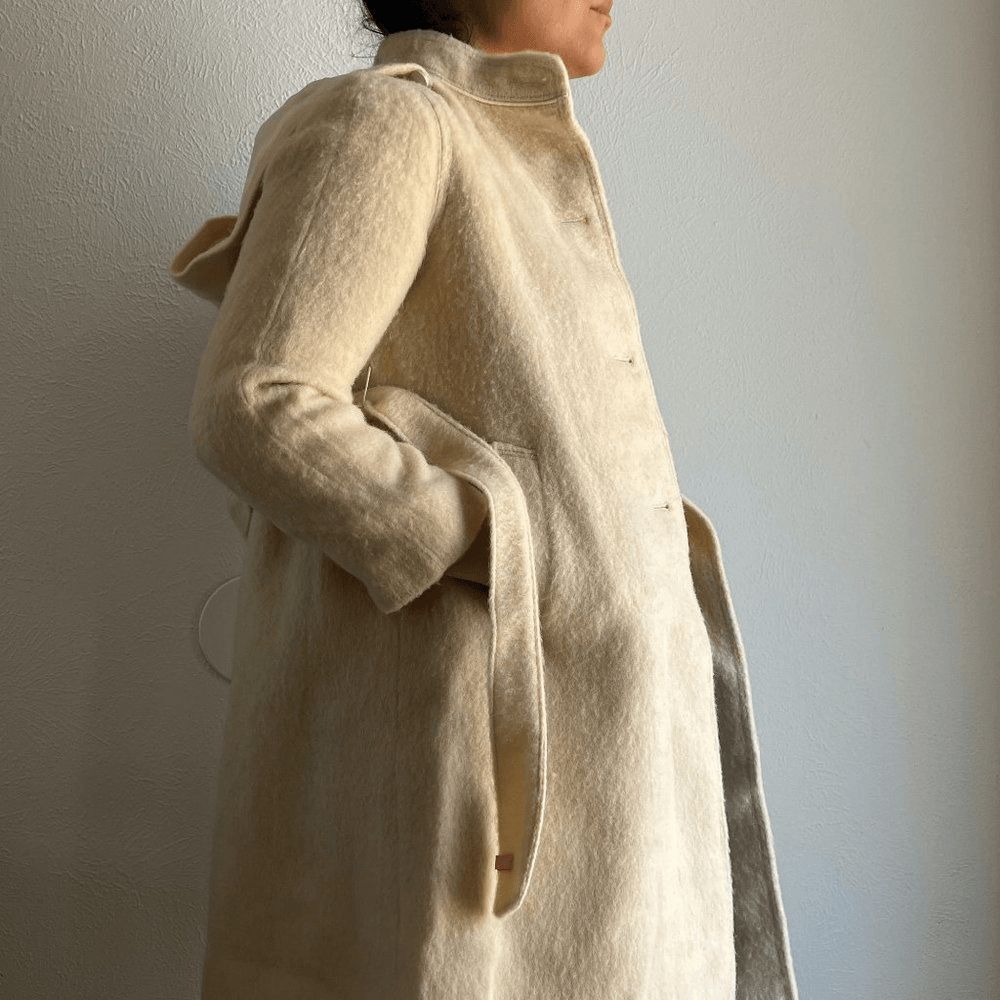 vtg 60s beige wool coat XXS girls 14/16 swing car coat hood made in Italy belted - Picture 4 of 12